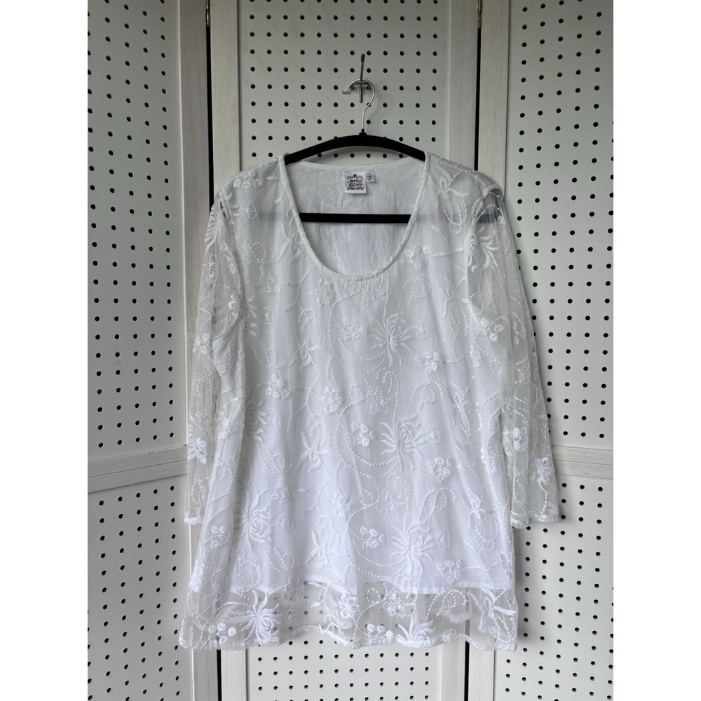 Parsley & Sage White Lace 3/4 SLV Blouse Sheer Sleeve Women's Lg